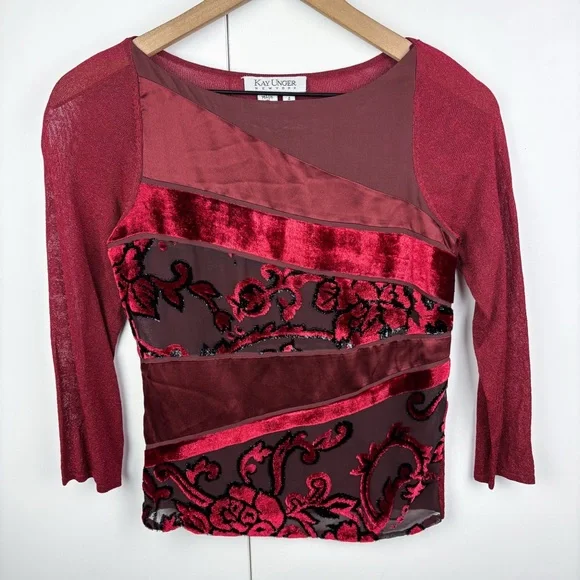 Kay Unger Vintage Velvet Mesh Baroque Maroon Red Stretch Blouse Top Whimsigoth - Picture 2 of 7
